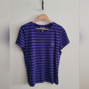 Ralph Lauren Striped Cotton Top with Embroidered Logo, Women's XL, Purple, Black